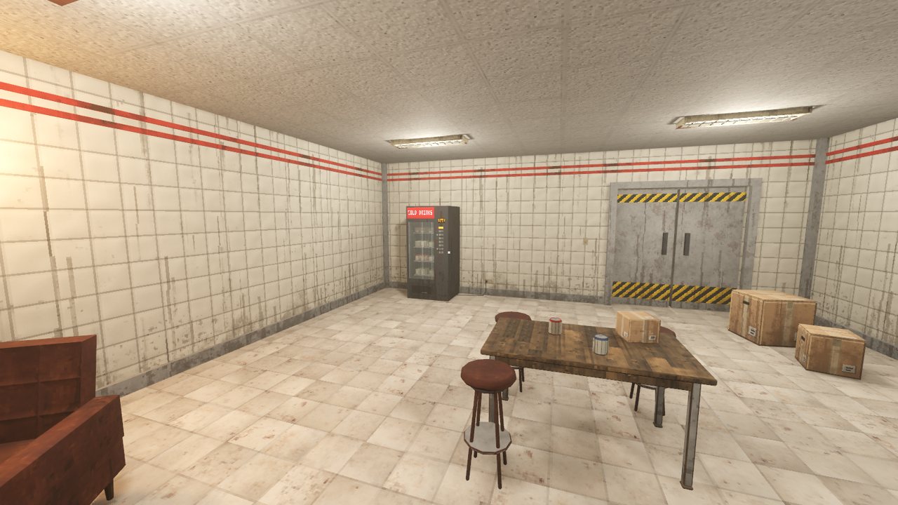 Break room with vending machine and table