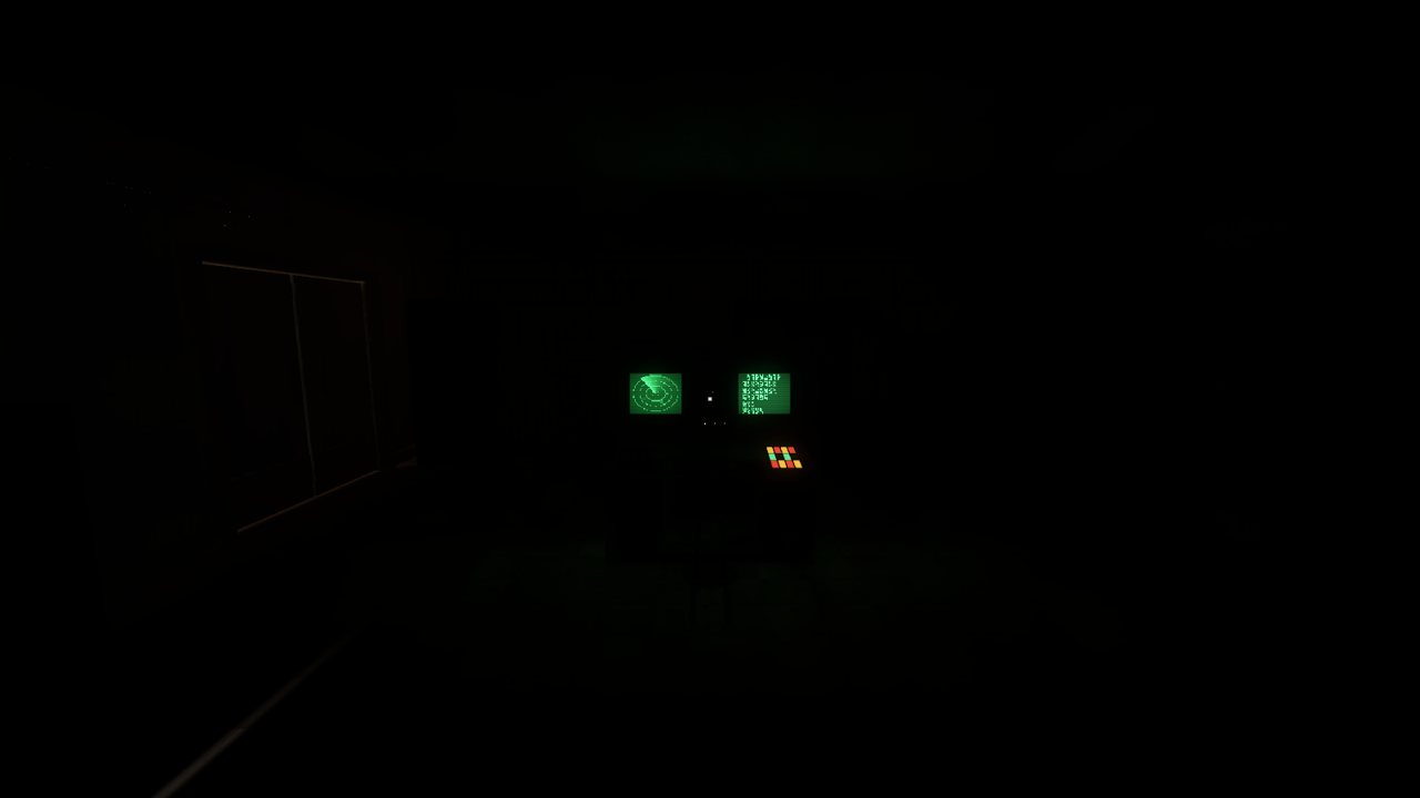 The control room in darkness, lit only by green radar and terminal screens