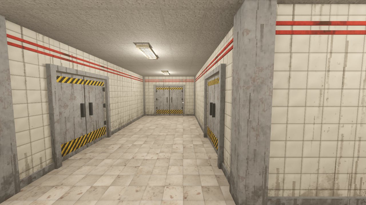 Tiled corridor with hazard-striped double doors