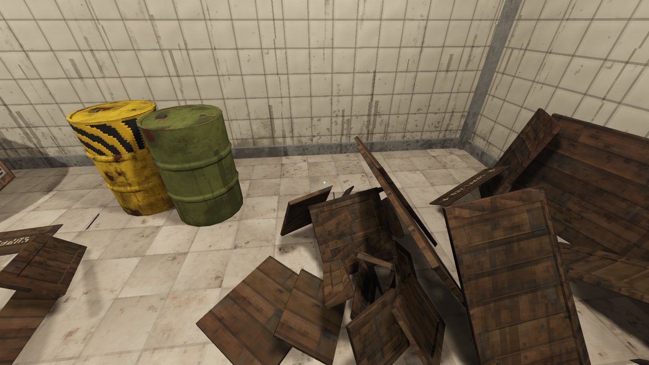Wooden crates smashed into pieces on the floor