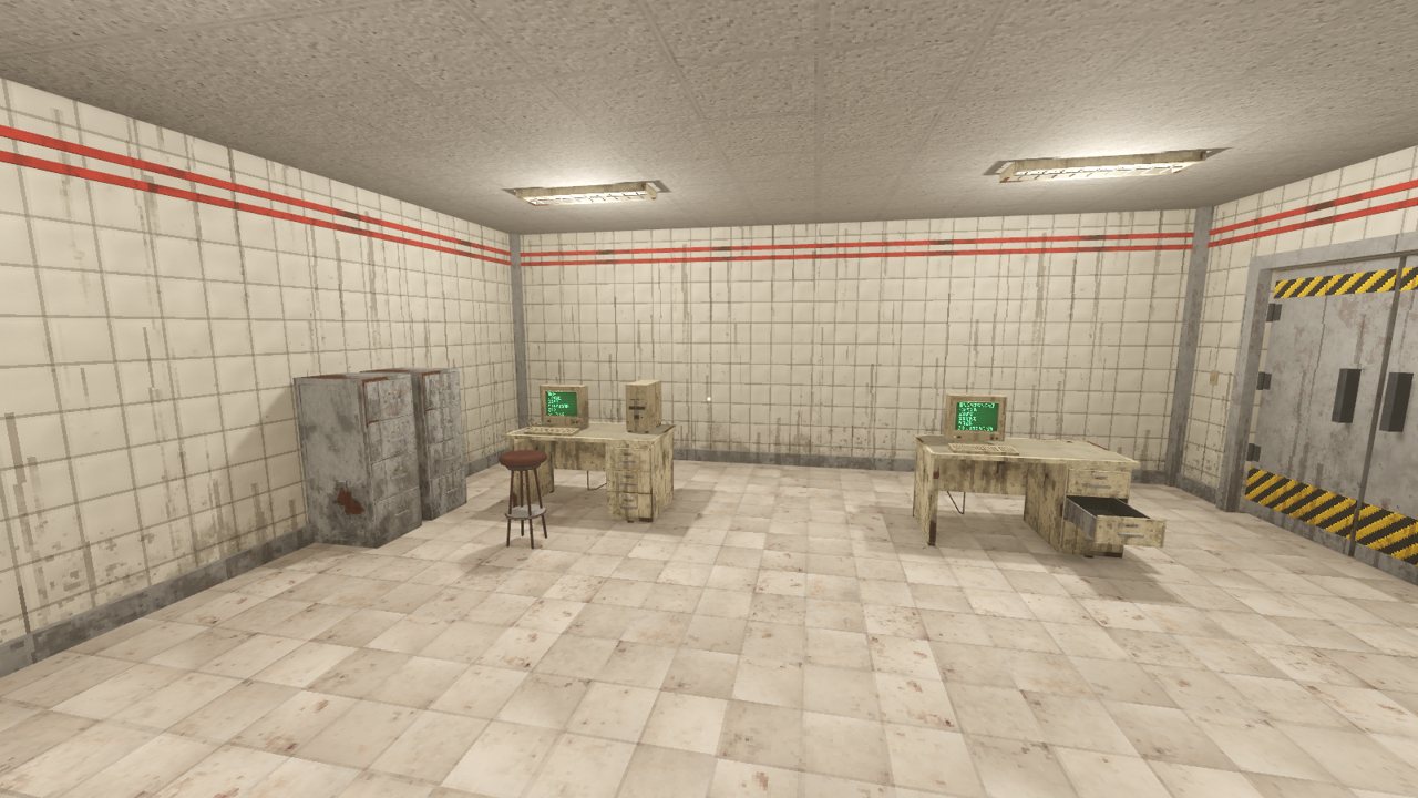 Office with desks, CRT monitors and filing cabinets